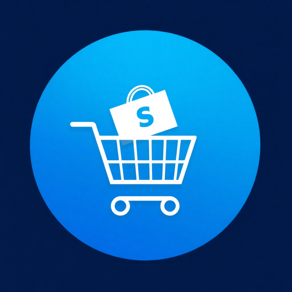 The image is a blue circle with a white icon of a shopping cart in the center. The shopping cart has a dollar sign on it, indicating that it is a symbol of online shopping. The background is dark blue, making the blue circle stand out. The icon is simple and minimalistic, with no other elements or design elements.