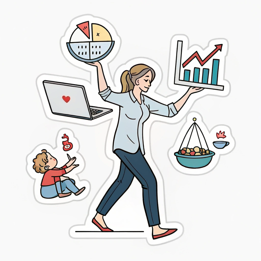 A person balancing work-related icons (laptop, chart) while doing home activities (cooking, childcare).