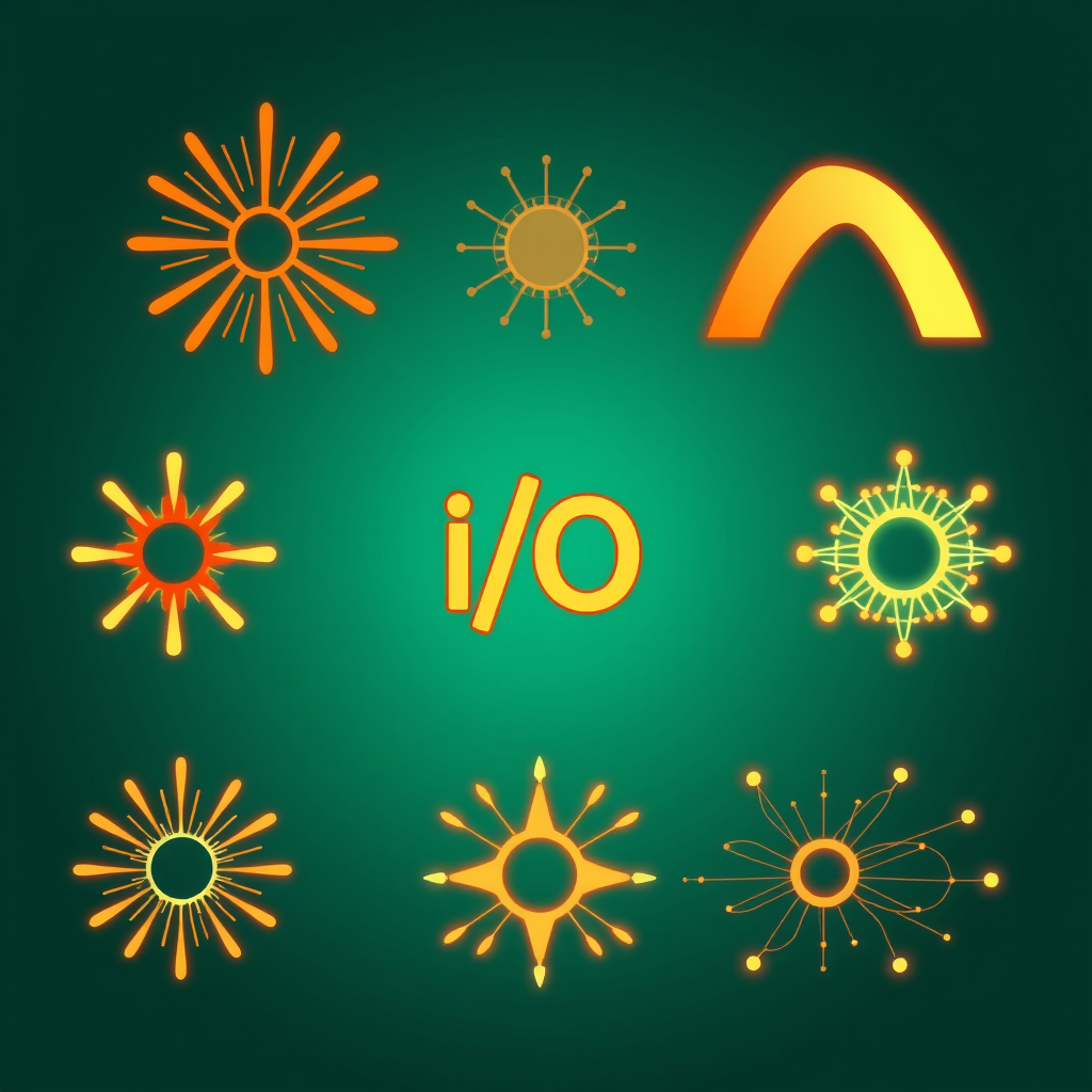 Atomic Age AI: Icons blending 1950s-60s atomic age design (starbursts, boomerangs, optimistic colors like teal and orange) with subtle, glowing AI neural network motifs. The 'I/O' glyphs could be integrated into these shapes, symbolizing a hopeful technological future rooted in retro optimism.