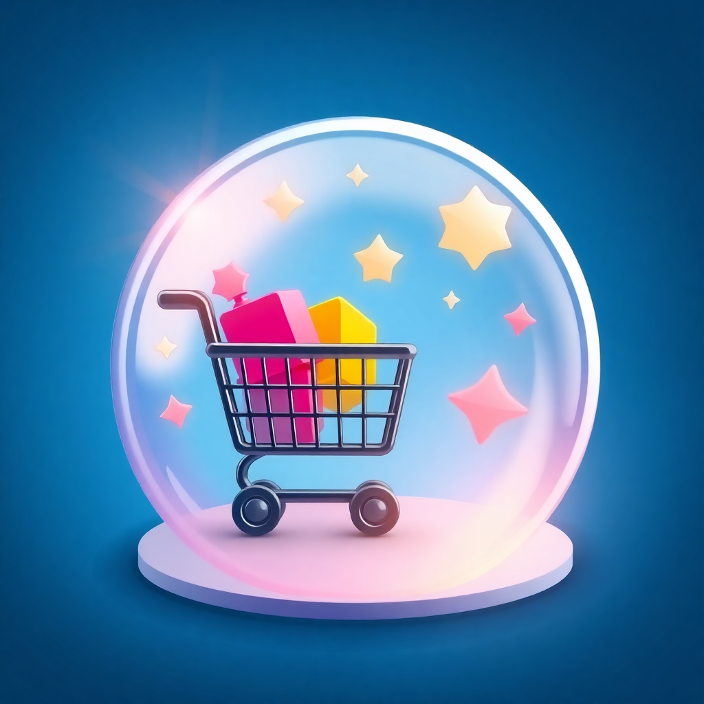 The image is a digital illustration of a snow globe with a shopping cart inside. The snow globe is round and has a blue background. Inside the snow globe, there are several colorful gift boxes and stars scattered around. The shopping cart is black and has four wheels. The gift boxes are pink, yellow, and red, and the stars are yellow and pink. The overall color scheme of the image is bright and cheerful.