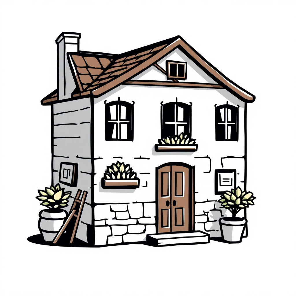 The image is a cartoon illustration of a two-story house with a sloping roof and a chimney on the left side. The house is made of stone and has a brown door and windows on the front. There are two potted plants on either side of the door, one with a yellow flower and the other with a green plant. There is also a wooden ladder leaning against the wall next to the door. The overall style of the house is simple and cartoon-like.