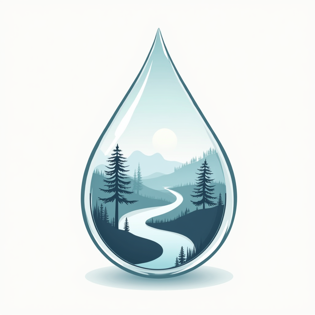 A line art design of a clear water droplet, and within its reflection, a minimalist silhouette of a forest landscape. Focus on simple, clean lines.