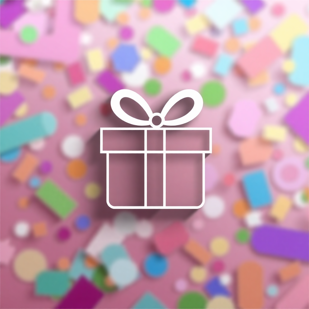 A layered icon with a background of overlapping confetti shapes and a clear, outlined gift box on top for visual clarity.