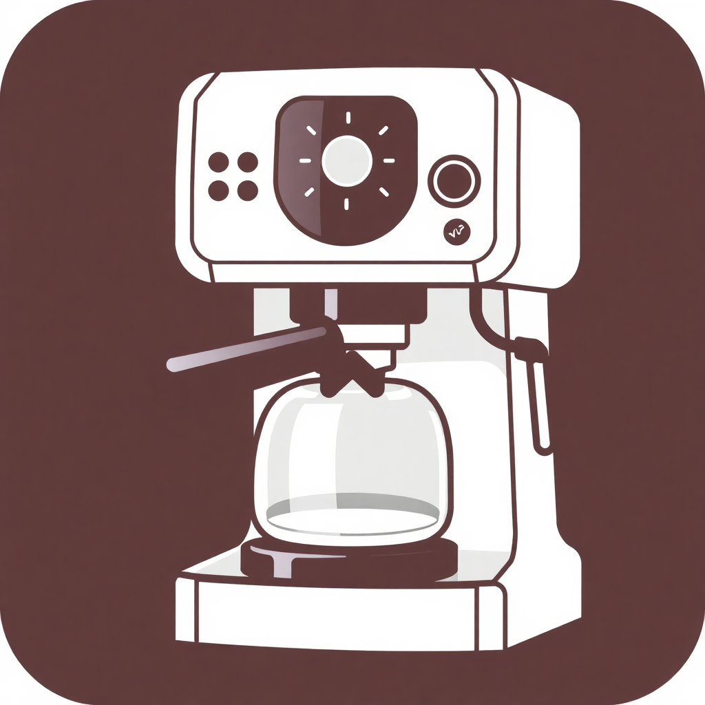 The image is a square icon with a brown background. In the center of the icon, there is a white coffee machine with a glass carafe on top. The machine has a control panel on the front with various buttons and dials. The carafe is attached to the top of the machine and has a handle on the right side. The coffee machine appears to be in good condition with no visible damage or wear.