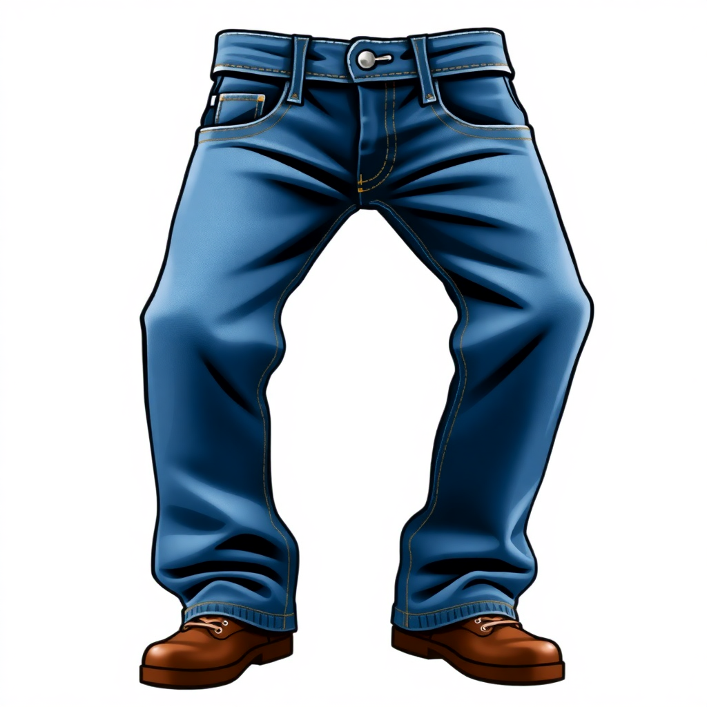  a pair of blue jeans and brown shoes. The jeans are a light blue color and have a straight leg fit. The waistband is adjustable with a silver buckle and there are two pockets on the front. The legs are slightly tapered and the shoes are brown with a chunky sole. The background is white. The image is a digital illustration of the legs of a person wearing the jeans.