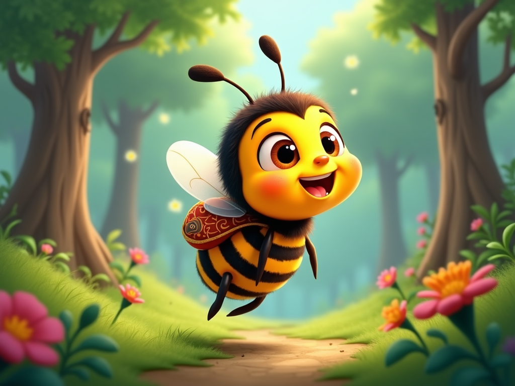 A cartoon bee with a backpack, embarking on an adventure through a lush, verdant forest, buzzing eagerly.