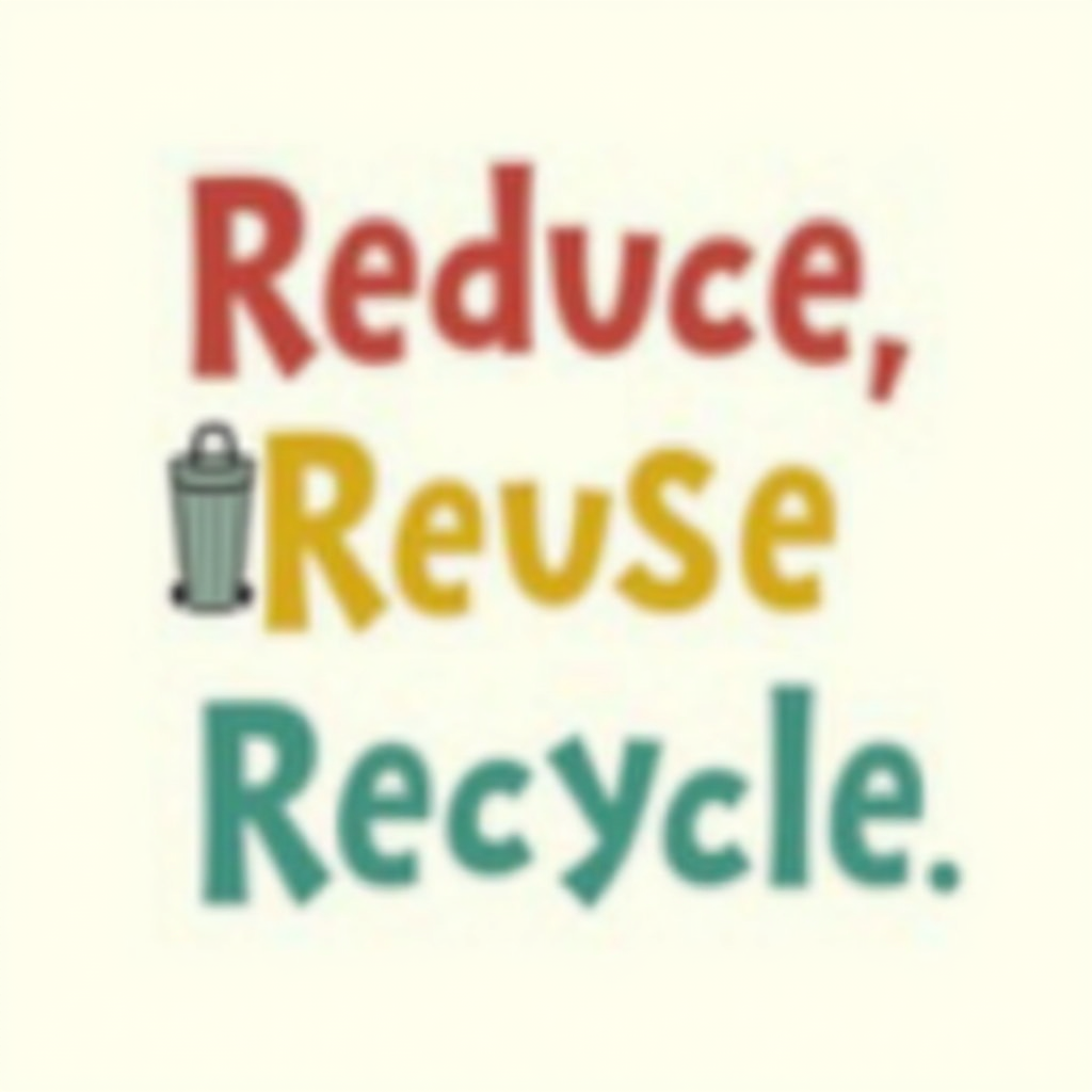 Playful, chunky typography for 'Reduce, Reuse, Recycle' where each word is accompanied by or integrated with simple, charming illustrations of actions related to it (e.g., a smaller trash can for 'Reduce', a reusable bag for 'Reuse', a recycling bin for 'Recycle').