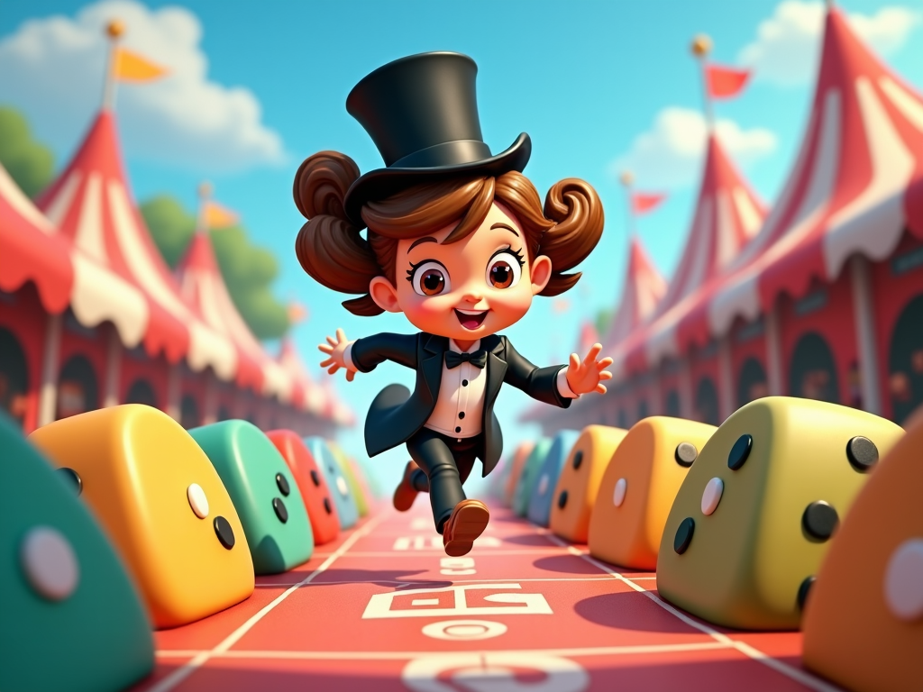 In an outdoor summer fair, the girl, clothed in an impeccably tailored Mr. Monopoly tuxedo, participates in a Monopoly-themed obstacle course. Her playful, competitive spirit drives her through giant dice tunnels and property-themed platforms, manifesting the iconic game's dynamic elements.