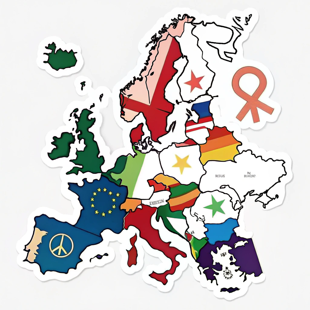 A crossed-out image of discriminatory symbols/words overlaid on a map of Europe, replaced with positive Pride symbols.