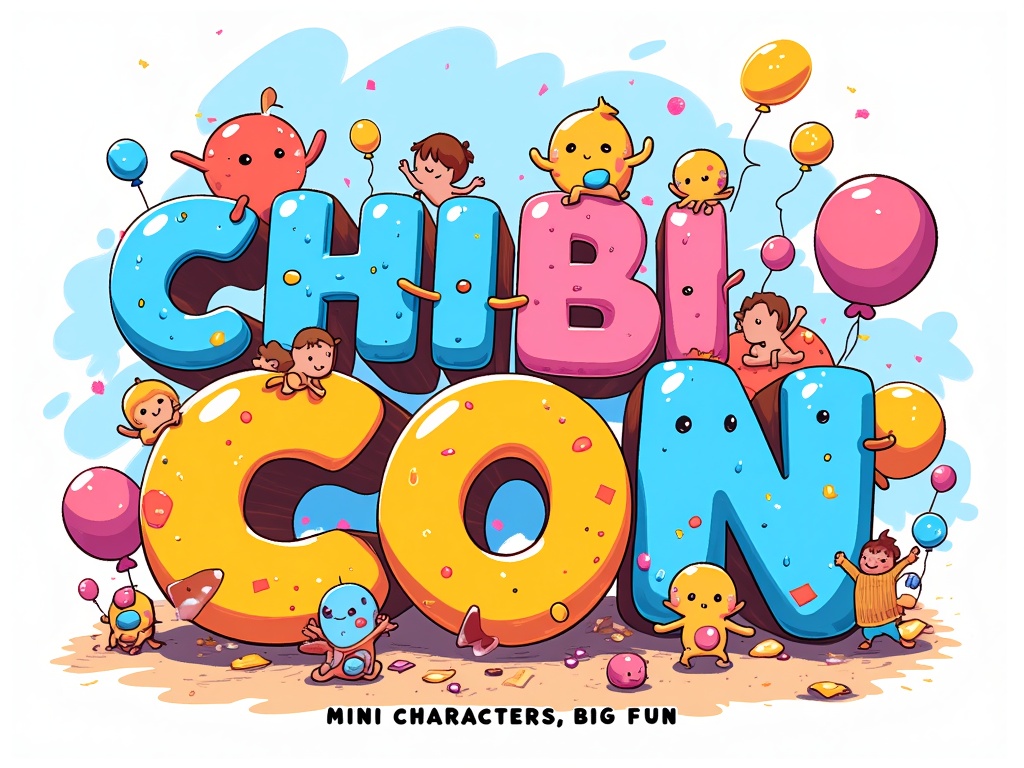 An illustration that integrates playful, chibi-style typography for 'Chibi Con Lineup.' The letters could be adorned with cute chibi elements or have mini characters interacting with them. The tagline 'Mini Characters, Big Fun' would be incorporated into the artwork, making the entire piece suitable as a visually engaging logo element or header.