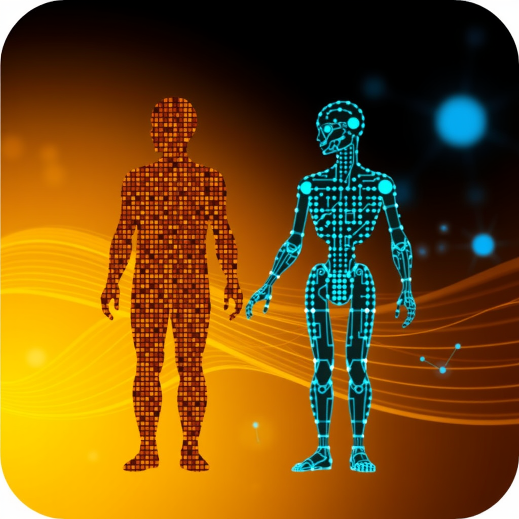 Sub-Design 5: Digital Weave. Both silhouettes are composed of digital patterns (e.g., pixel grids, flowing data lines, neural network nodes). The human silhouette uses warmer, more organic patterns, while the robotic uses cooler, more structured patterns, visually merging where they overlap.