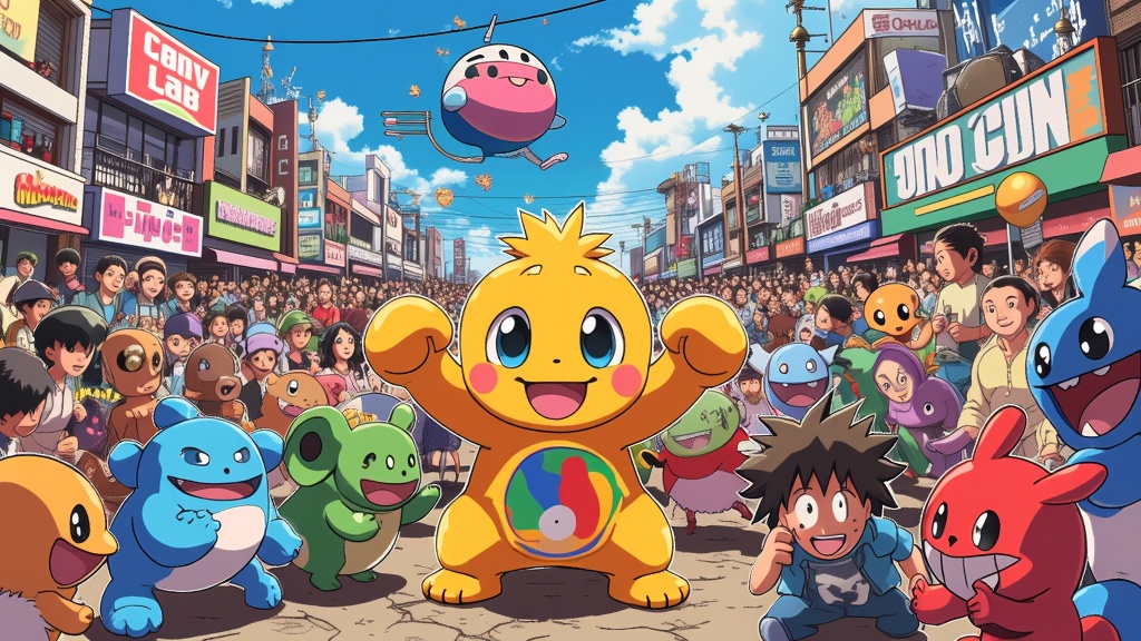 Illustrations series: 'Anime Universe Crossover Festival' - A large ensemble illustration depicting the MomoCon mascot at the center of a vibrant festival or friendly battle, surrounded by numerous anime legends from diverse series, encouraging unexpected character interactions within a transformed MomoCon convention setting.