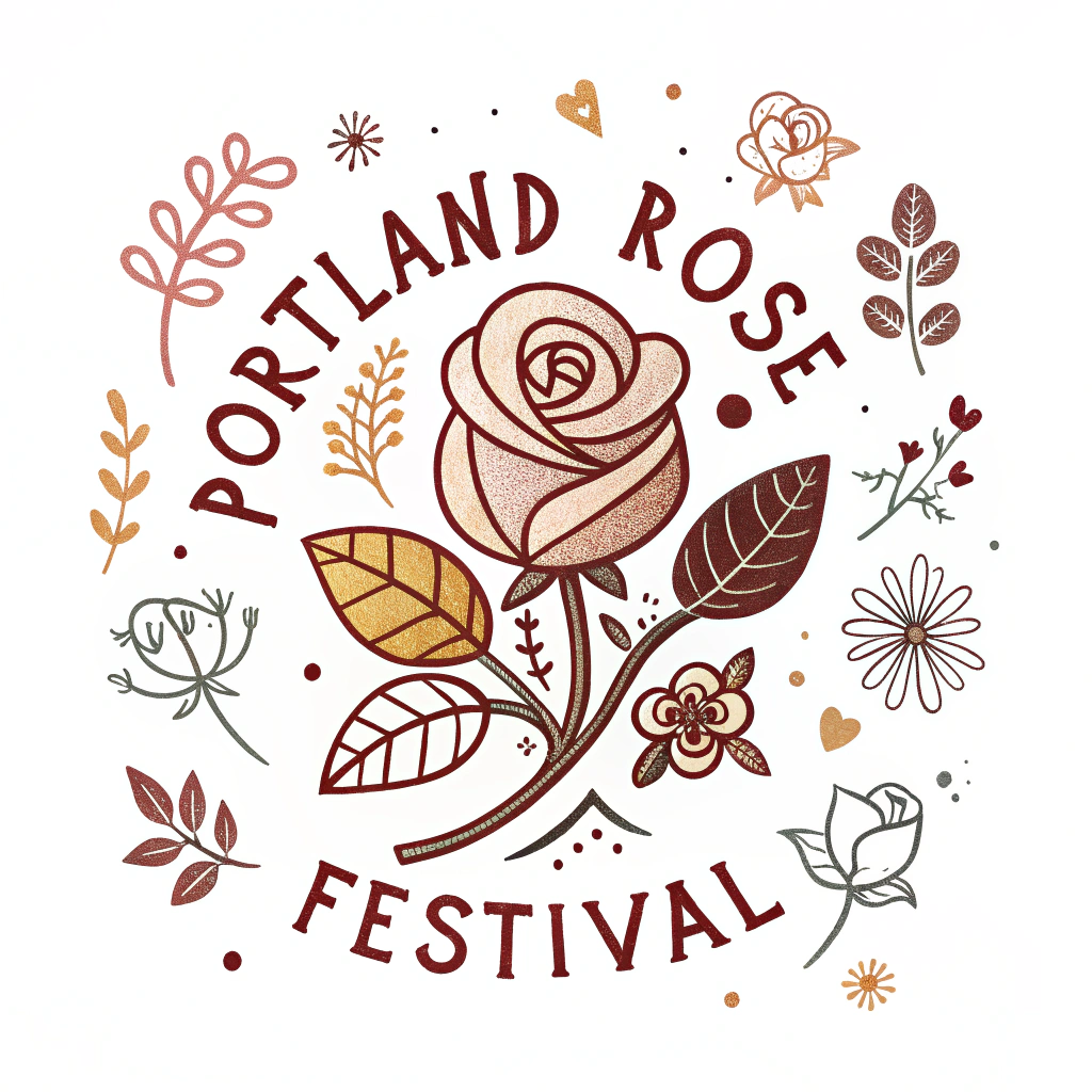 Folk Art Rose Emblem: A charming, hand-drawn style rose emblem inspired by folk art traditions. The rose could be stylized with simple shapes and patterns for 'Portland Rose Festival', perhaps surrounded by smaller floral or leaf motifs. Colors would be warm and inviting, with a slightly rustic feel. Text could be a friendly, hand-lettered script.