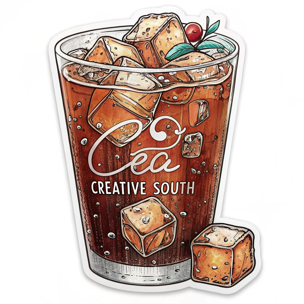 A glass of iced sweet tea with the Creative South logo subtly incorporated into the ice cubes or the condensation on the glass.