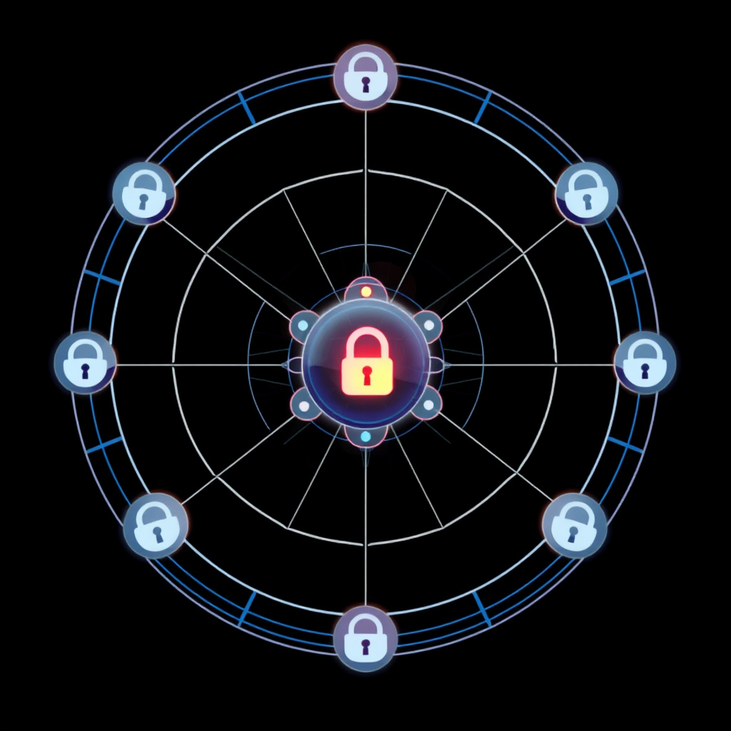 Design Idea 2: Encrypted Orbit - A primary central node with smaller nodes orbiting it on defined paths. The paths or orbiting nodes feature subtle lock icons or a digital shimmer, indicating secure data communication.