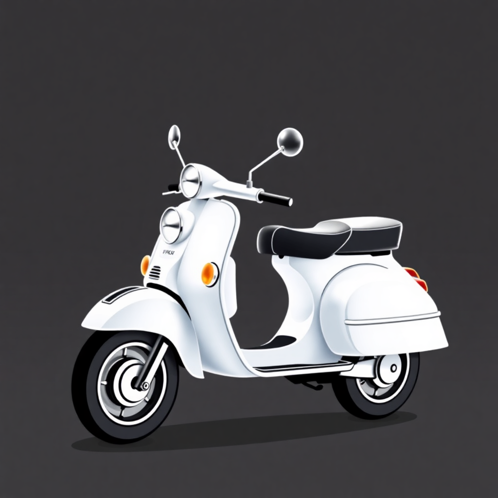 The image is a digital illustration of a white scooter. The scooter has a sleek and modern design with a round headlight and two round mirrors on the front. The handlebars are curved and the seat is black. The wheels are silver and have a unique design. The background is a solid grey color, making the scooter stand out. The overall color scheme of the image is predominantly white and black.