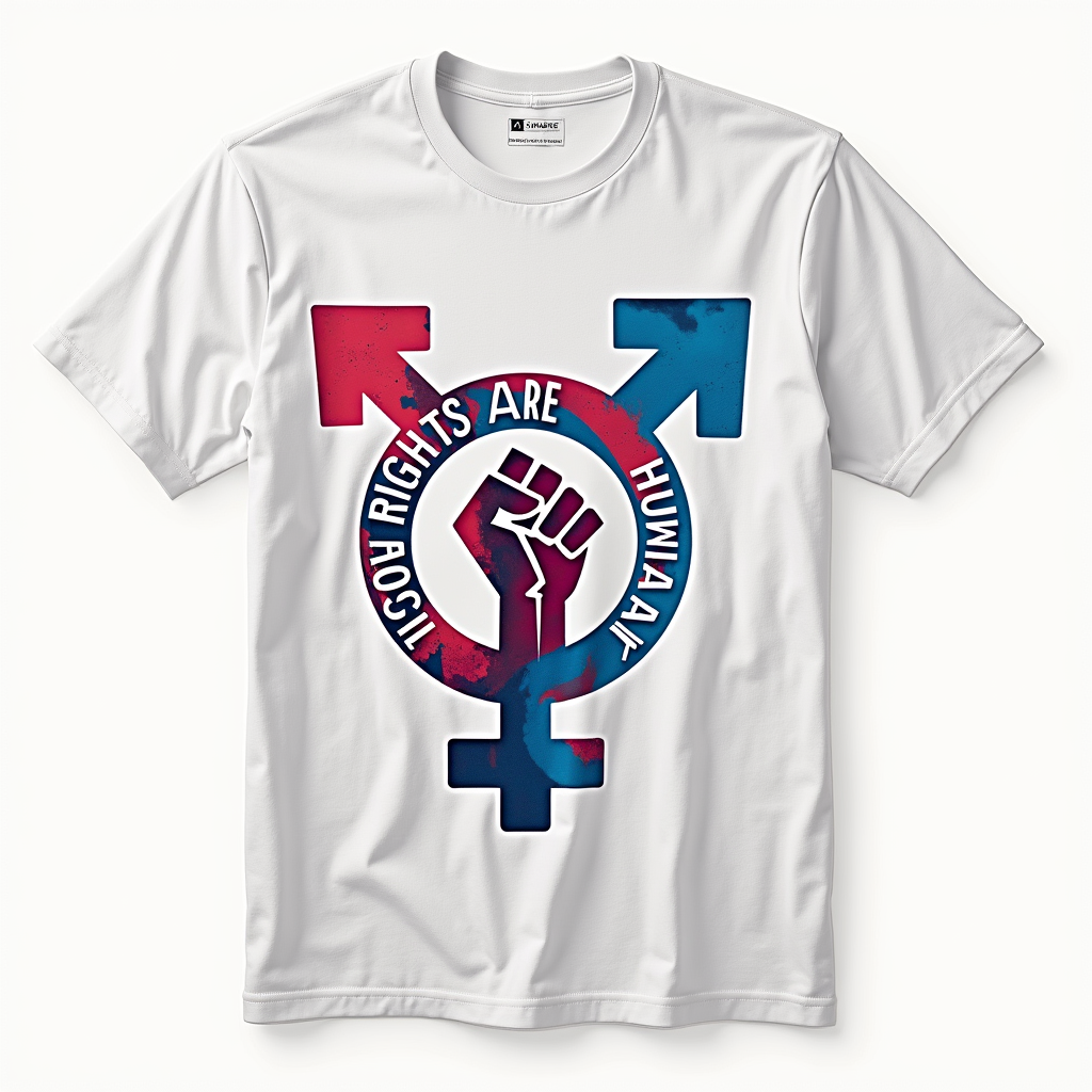 Sub-design Idea 2: Symbolic design incorporating the transgender symbol (⚧) creatively merged with a universal symbol of rights like a raised fist, an equality sign (=), or a stylized human figure. The core message 'Trans Rights are Human Rights' integrated around or within the symbol.