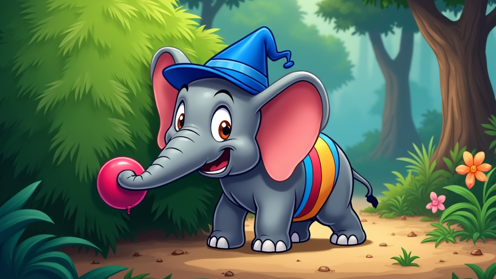 Patches the elephant is shown with a mischievous grin, holding a whoopee cushion or a fake bug, about to play a prank on an unsuspecting jungle animal.