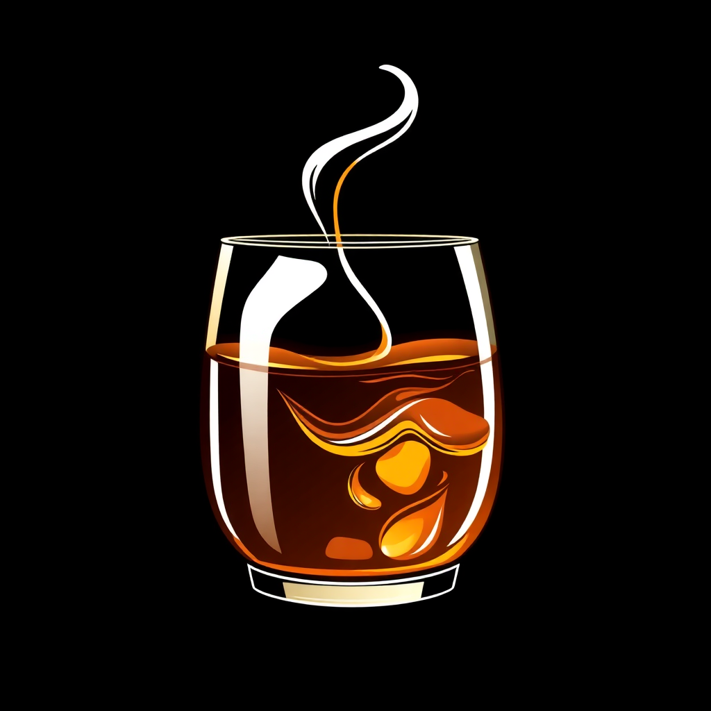 The image is a digital illustration of a glass of whiskey. The glass is filled with a dark brown liquid, which appears to be whiskey, and there is a white smoke or steam rising from the top of the glass. The smoke is curling upwards, creating a wispy effect. The background is black, making the glass and smoke stand out. The overall color scheme of the image is orange and yellow, giving it a warm and inviting feel.