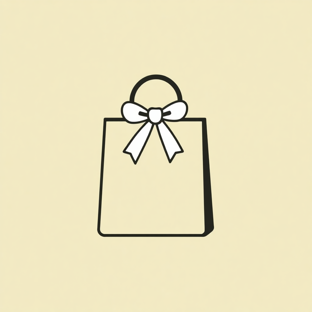 A simple icon featuring a gift bag silhouette with a ribbon, conveying the essence of a gift shop.