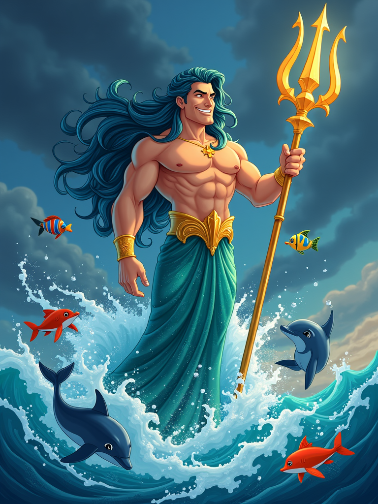 A majestic figure with a trident, emerging from the ocean waves, surrounded by sea creatures and a stormy sky.