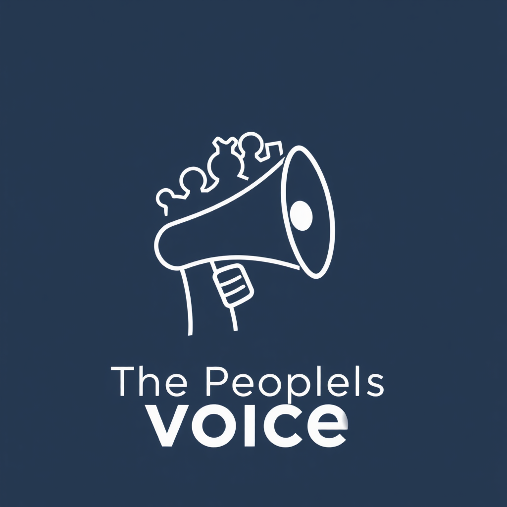 Sub-design Idea 3: An abstract and modern fusion where the organic lines of a crowd silhouette blend seamlessly into the geometric shape of a megaphone, creating a unique, unified mark. 'The People's Voice' text is minimalist and clean.