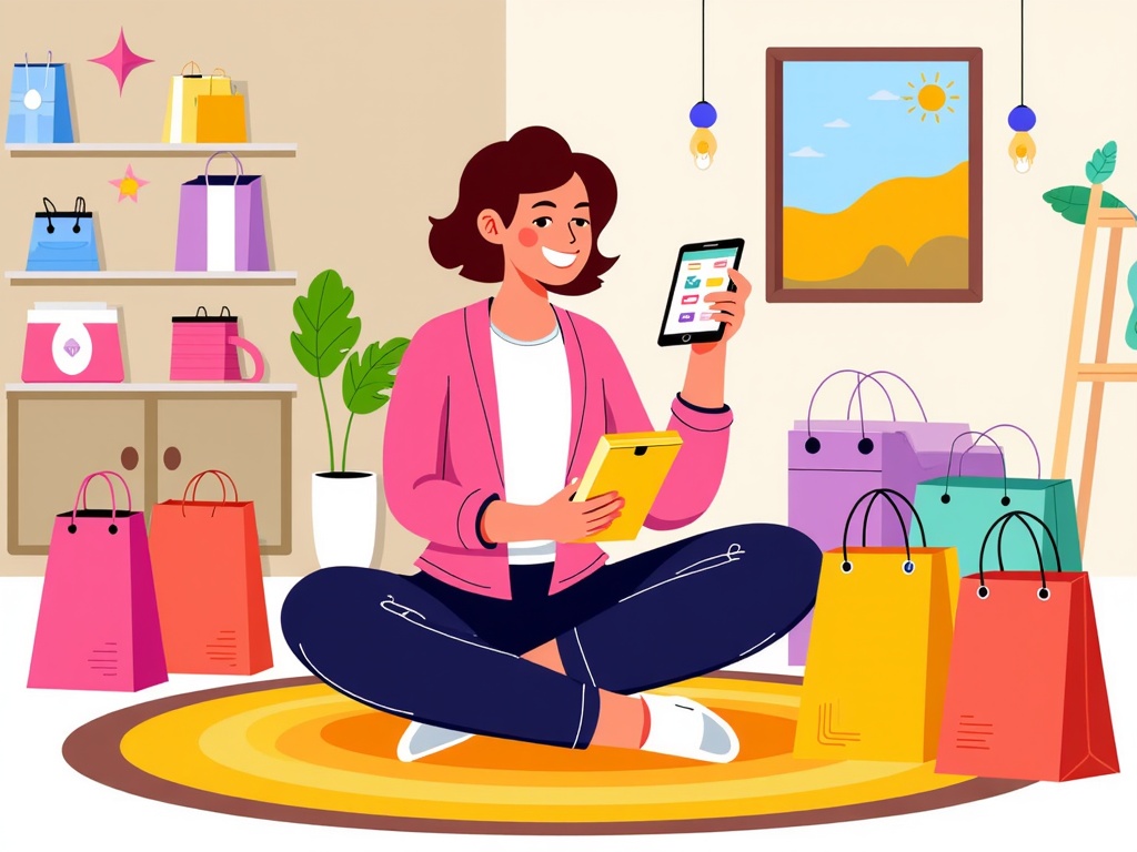  a young woman sitting on the floor in a room with a variety of colorful shopping bags scattered around her. She is holding a tablet in one hand and a yellow folder in the other. The woman is wearing a pink jacket, blue jeans, and white sneakers. She has a big smile on her face and is looking at her phone screen. The room has a yellow rug and a bookshelf with colorful bags on it. There is a painting hanging on the wall and a plant in a pot on the right side of the image. The overall style of the room is bright and cheerful.