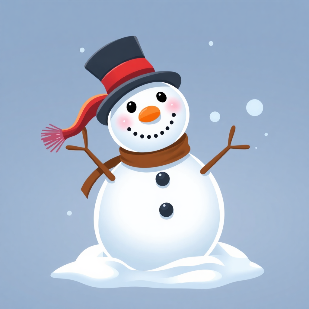 The image shows a snowman with a top hat and scarf standing in the snow against a blue background. The snowman is animated, giving it a lively and cheerful look.