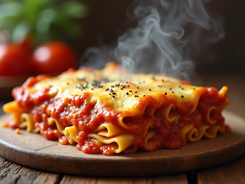 Fresh out of the oven baked ziti on a wooden cooking board, showcasing steam rising and highlighting the different layers of noodles, sauce, and melted cheese with a pinch of black pepper.