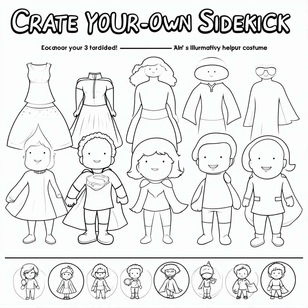 A 'create-your-own-sidekick' page with blank costume templates, power icons, and hairstyle options for children to design their original hero helper.