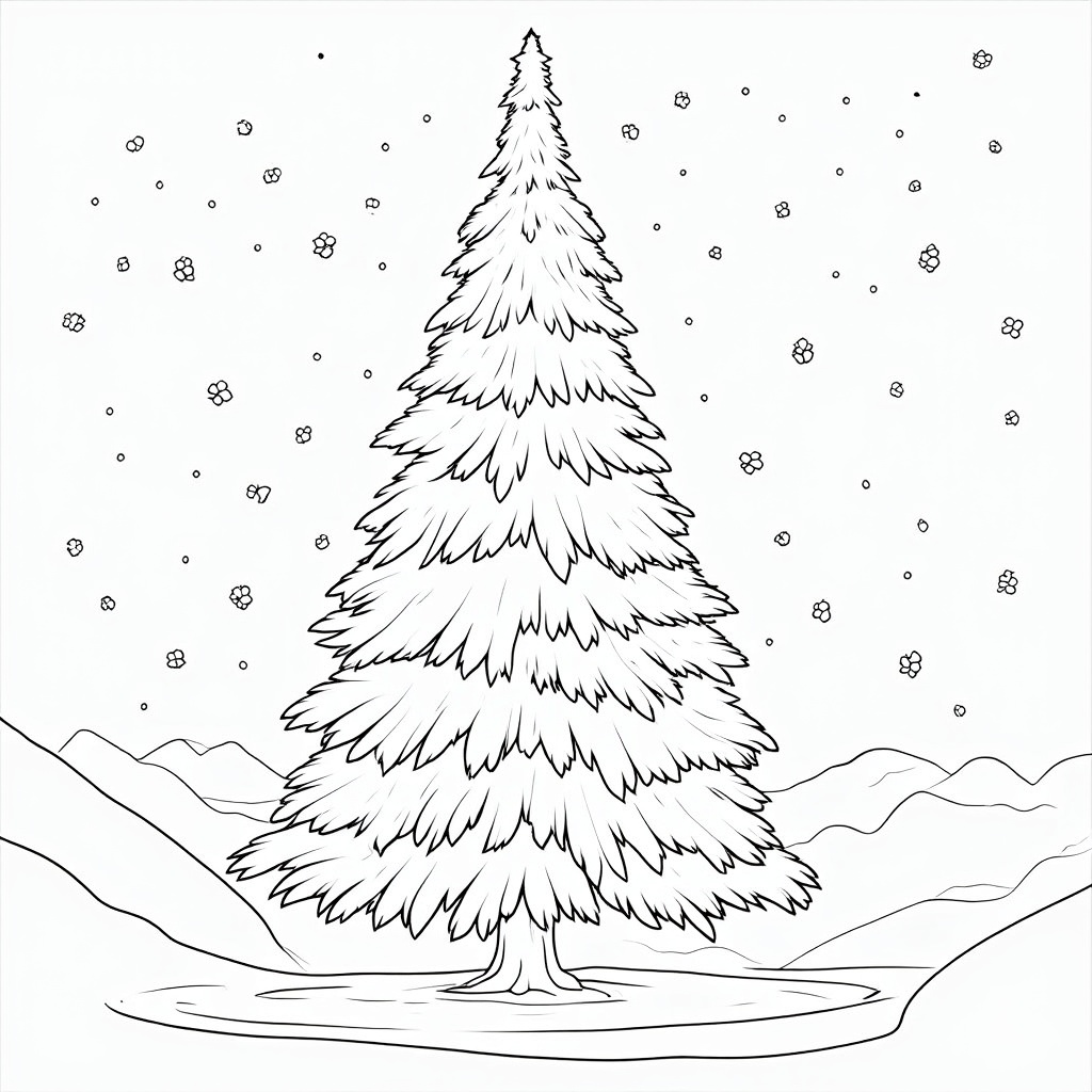 The image is a black and white line drawing of a Christmas tree. The tree is tall and slender with a pointed top and a conical trunk. It is standing on a small island in the middle of a snowy landscape. The background is filled with snowflakes falling from the sky and there are mountains in the distance. The overall mood of the image is peaceful and serene.