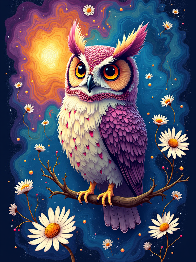 Psychedelic Dreamscape: A fluid, psychedelic art style where the Kinetic Owl and daisies melt and swirl into each other. Utilizes a vibrant, trippy color palette and flowing lines to depict their cosmic fusion.