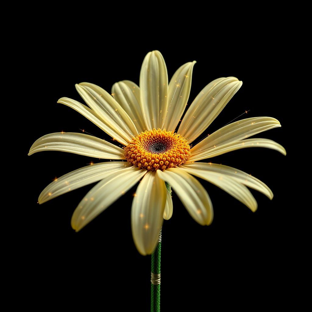 A daisy where organic petals are interwoven with fine fiber-optic strands or feature subtle digital glitch effects, with a stem appearing as polished, wired conduit.