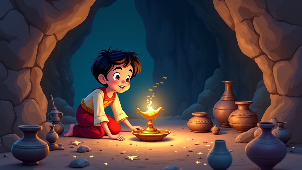 Khalid discovering the magical lamp in a hidden cave, with ancient Qatari pottery and artifacts scattered around, highlighting the folkloric aspect of the tale.