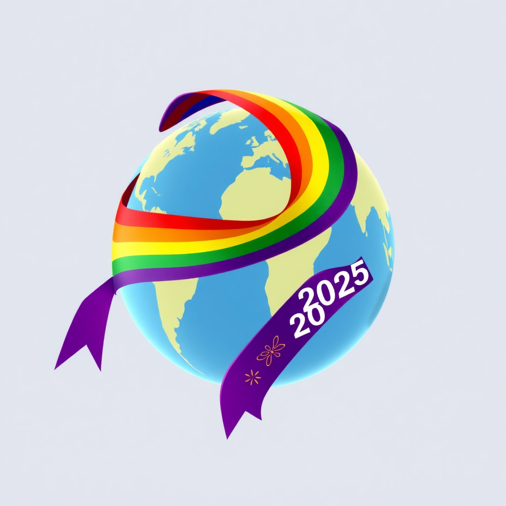 Global Fiesta Ribbon: A dynamic, flowing ribbon in Pride flag colors suggesting movement around an implied globe. Festive patterns and '2025' are integrated into its path, symbolizing joyous momentum.