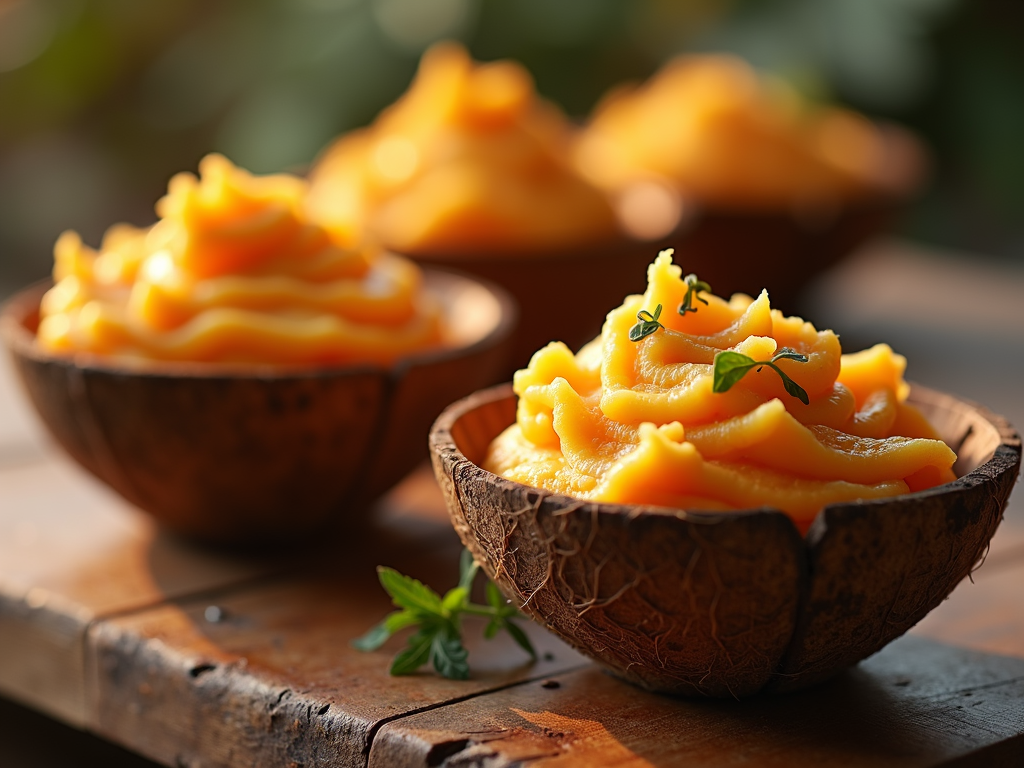 A sunset-themed photo of mashed potatoes with sweet potato hue, served in coconut shell bowls, evoking warmth and natural simplicity.