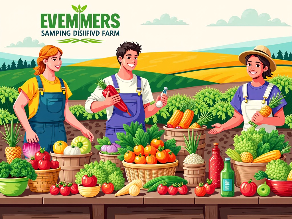 Illustrate a vibrant farmers market stall overflowing with diverse, locally grown produce. Show community members радостно interacting with farmers, emphasizing the direct connection and freshness. Include elements of regenerative farming subtly in the background, like healthy soil or cover crops visible on a farm sign.