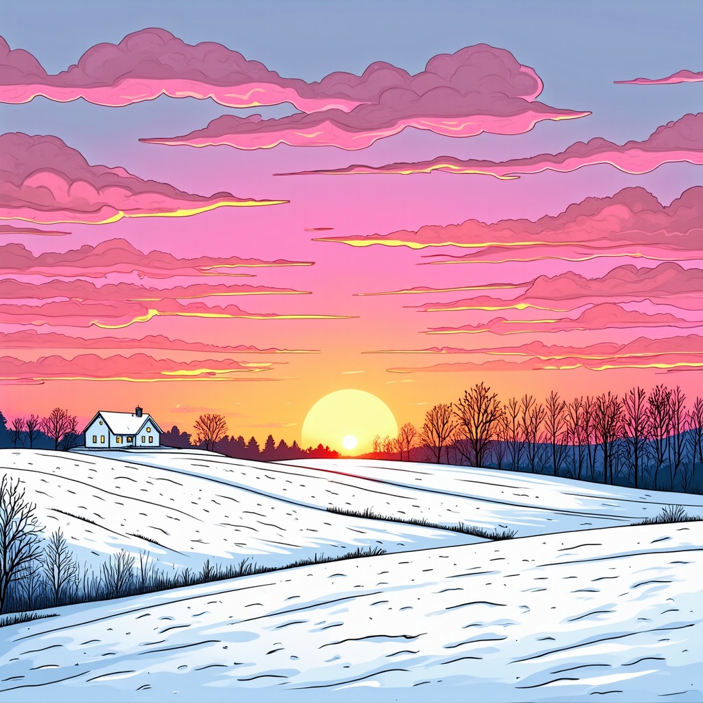 A vibrant winter sunset with pink and orange hues illuminating a serene snow-covered field. In the distance, a lone farmhouse stands quiet and still, its windows glowing warmly. A line of bare trees creates a silhouette against the colorful sky.