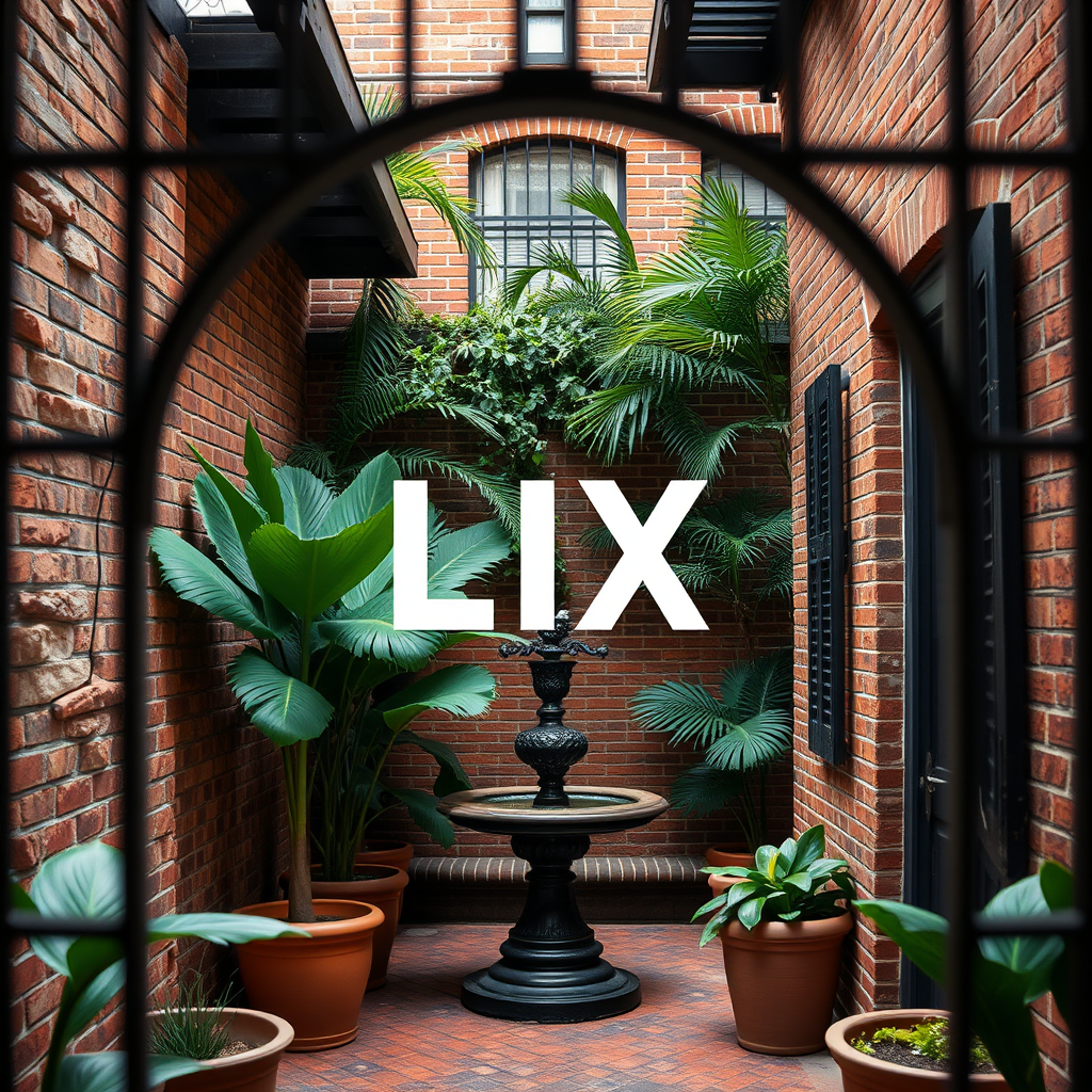 Present the 'LIX' as the central focus within a vignette viewed through a French Quarter courtyard. Frame the numerals with typical courtyard features such as exposed brick textures, lush tropical foliage, and perhaps a subtle glimpse of a fountain or decorative tiles.