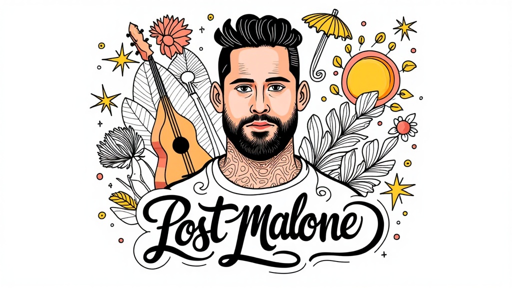 Art Nouveau Revival (Fillmore Style): Feature elaborate, hand-drawn, flowing lettering that forms part of the overall design, surrounding a central, stylized illustration of Post Malone that integrates organic shapes, natural motifs, and musical instruments.