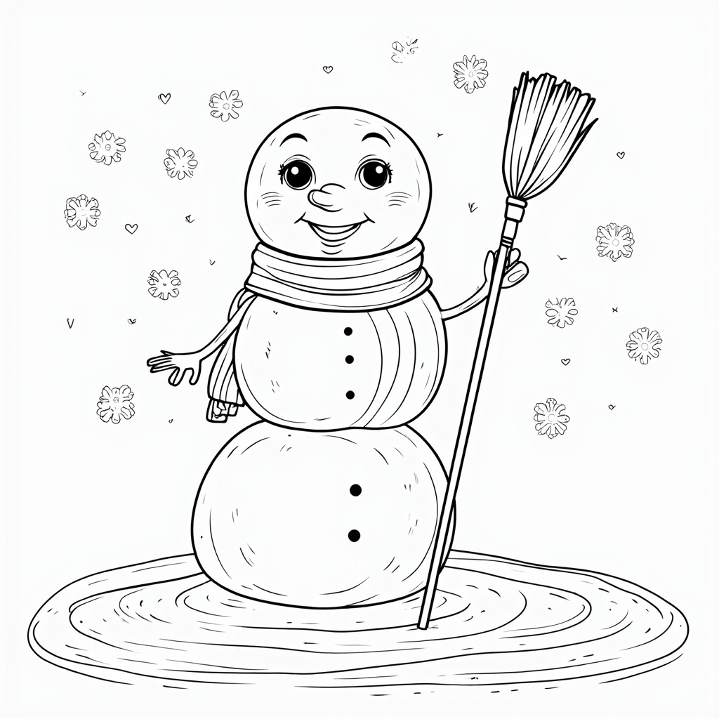 The image shows a snowman with a broom in his hand, surrounded by a wintery landscape of snowflakes falling from the sky. The snowman is sketched in black and white, with a few flowers scattered around it, creating a peaceful and serene atmosphere.