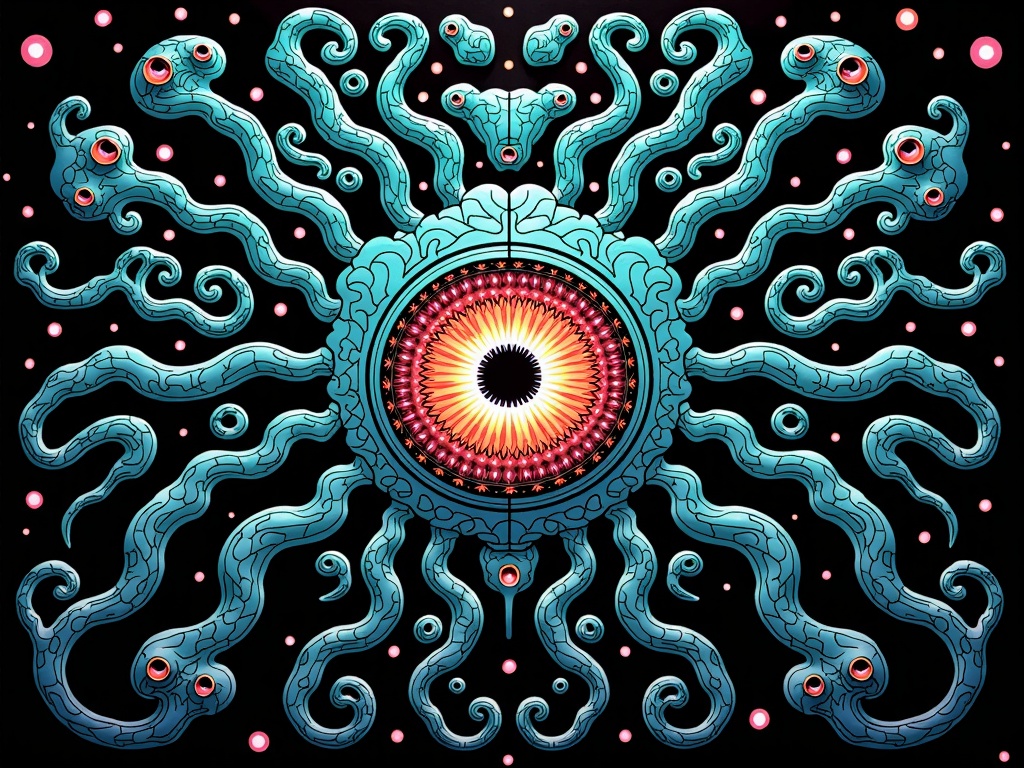The Swarm's Gaze: A design focusing on a collective or hive-minded creature, visualized through repeating, fractal-like organic patterns that coalesce into a larger entity or a menacing, multi-faceted eye. AI can generate the intricate, self-similar biomorphic elements and bioluminescent pathways connecting them.