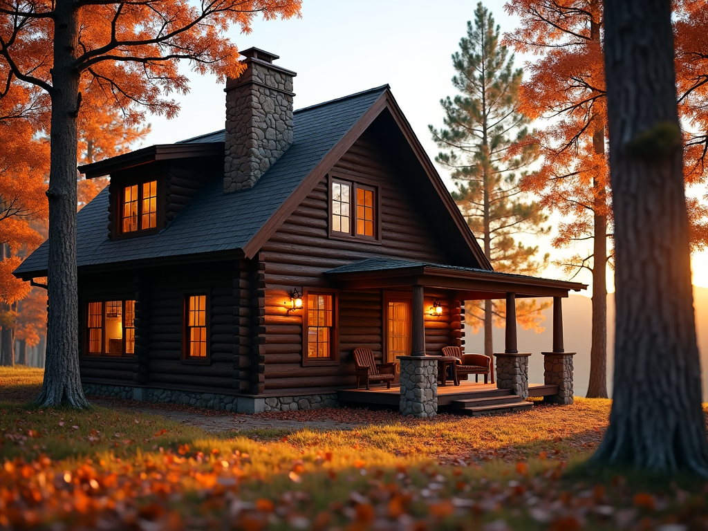 A cozy log cabin nestled in the woods, surrounded by a palette of sunset-hued leaves swaying in the gentle breeze.