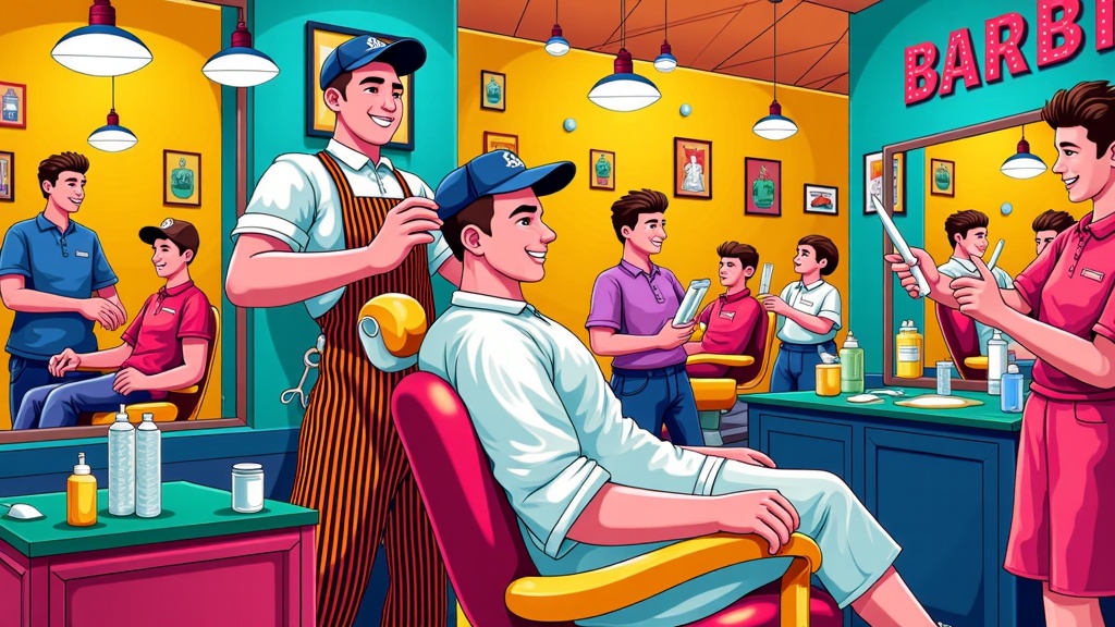 The image is an illustration of a barber shop. It shows a young man sitting in a red barber chair with a smile on his face. He is wearing a blue cap and a striped apron. A barber is standing behind him, holding a pair of scissors and a comb. A young woman in a pink apron is standing next to the barber, holding up a sign that reads Barber. There are other barbers in the background, some standing and some sitting in chairs. The walls are decorated with colorful posters and there are mirrors on the walls. The overall atmosphere of the shop is cheerful and relaxed.