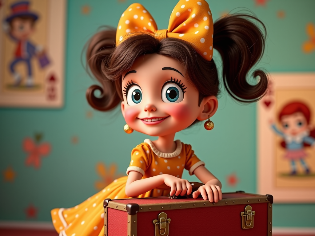 In a playful photo studio, the girl poses in her Monopoly character outfit, leaning on a vintage suitcase. The themed backdrop features enlarged Monopoly cards and nostalgic motifs, capturing the spirit of travel and prosperity in both her attire and the classic game's storytelling aspects.