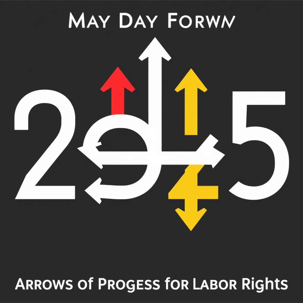 The year '2025' rendered in a bold, modern style where the numerals themselves are constructed from or incorporate distinct arrow elements, each pointing towards progress. The tagline 'May Day Forward: Arrows of Progress for Labor Rights' complements this central visual.