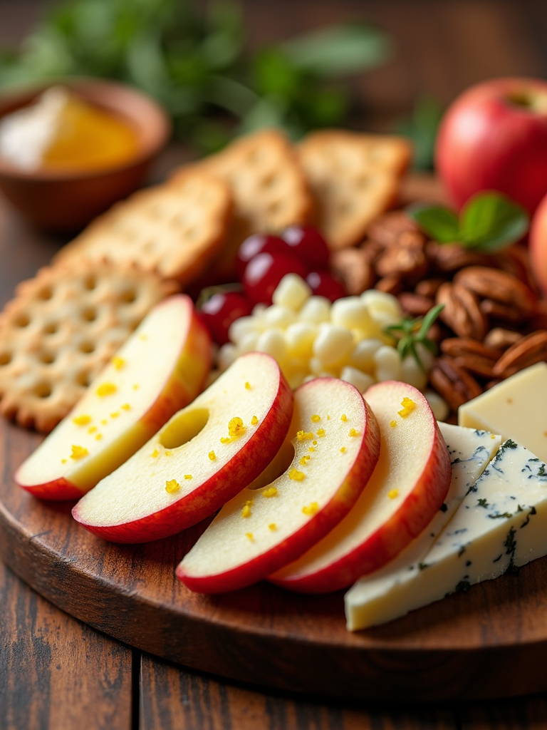 A charcuterie board featuring apple slices with lemon zest, alongside cheeses, nuts, and crackers, combining sweet and savory elements.