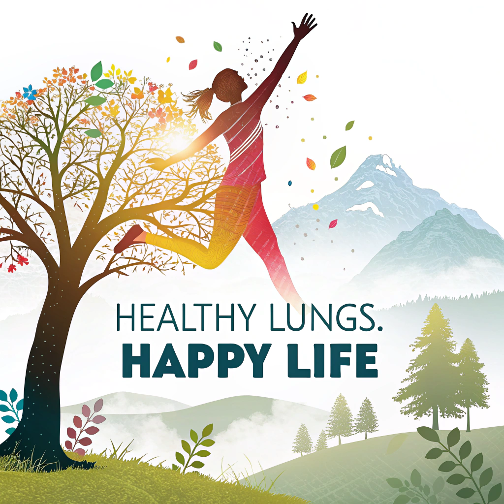 Sub-design idea 2: Sticker showcasing a joyful silhouette of a person taking a deep, happy breath in a clean, sunlit outdoor scene (e.g., park, mountains). The slogan 'Healthy Lungs, Happy Life' is prominently and cheerfully displayed.