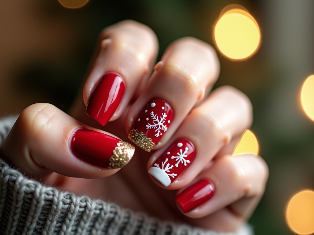 The image is a close-up of a person's hand with their fingernails painted in a festive red color. The nails are decorated with white snowflakes and gold glitter accents. The background is blurred, but it appears to be a Christmas tree with lights, suggesting that the person is wearing a gray sweater. The overall mood of the image is cheerful and festive.