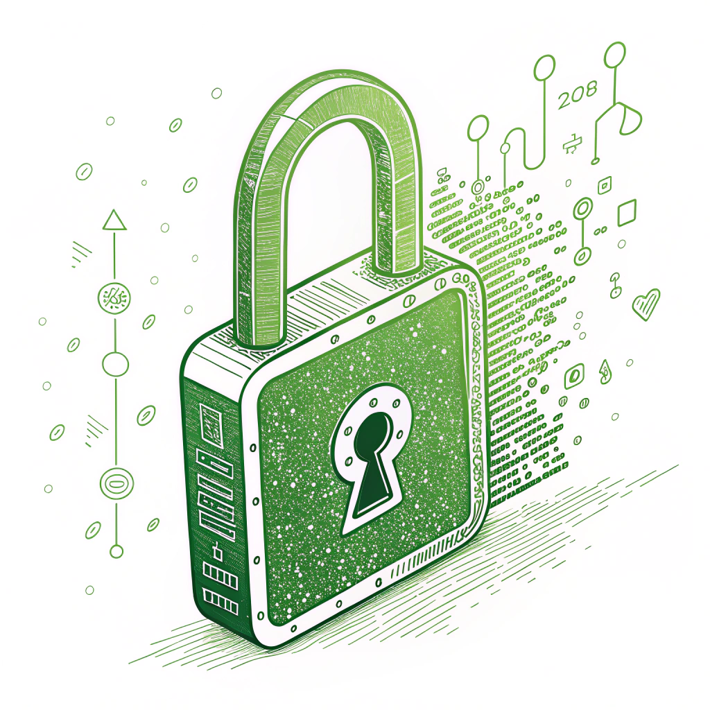 Glitching Padlock Icon: A minimalist green padlock symbol on black, with glitch effects like a jittery outline, misaligned parts, and binary digits 'spilling' from its keyhole or forming its texture.